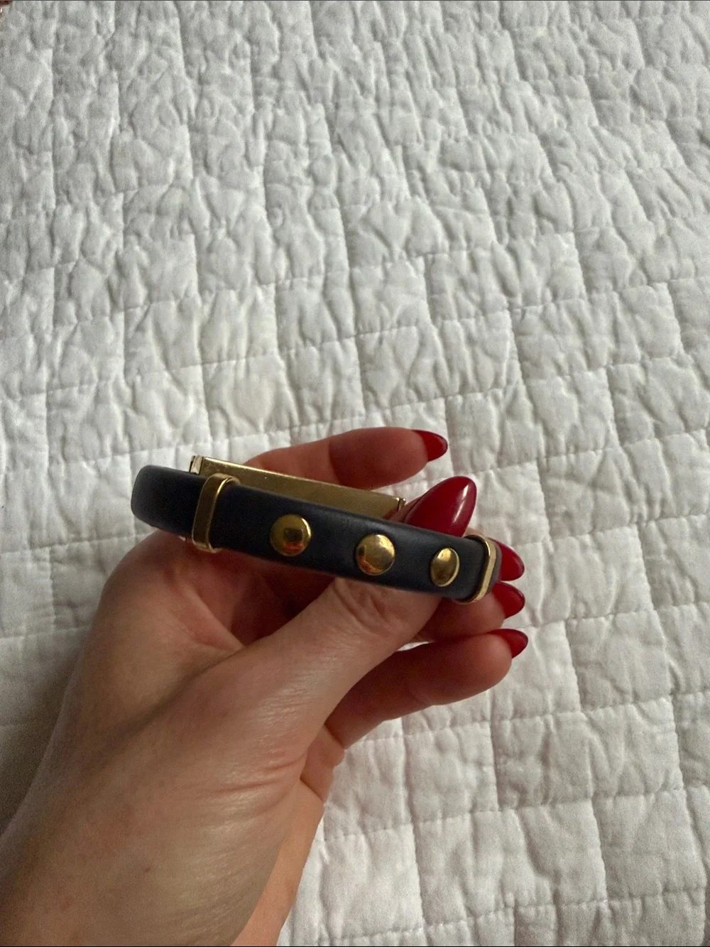 Rebecca Minkoff Black Leather like Bracelet with Gold Geometric Accent